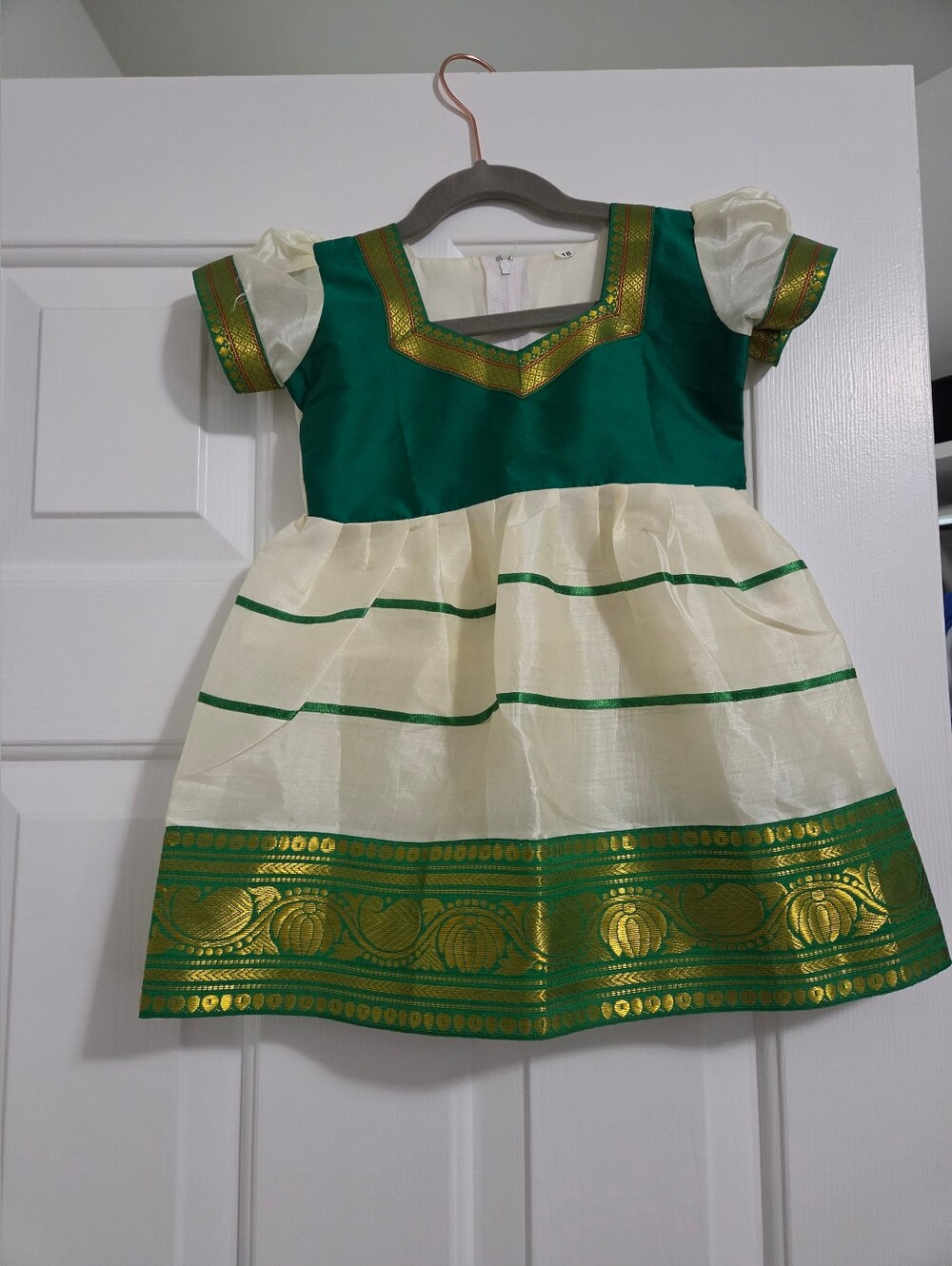 Green and Cream Girls' Traditional Party Dress with Gold Trim